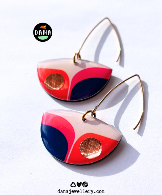 BEA colourful recycled earrings with a retro vibe handmade in Ireland / fuchsia, navy blue, orange and copper