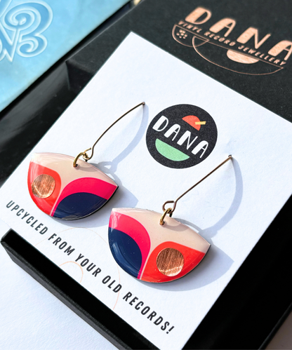 BEA colourful recycled earrings with a retro vibe handmade in Ireland / fuchsia, navy blue, orange and copper