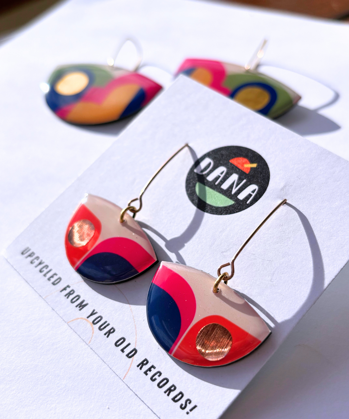 BEA colourful recycled earrings with a retro vibe handmade in Ireland / fuchsia, navy blue, orange and copper