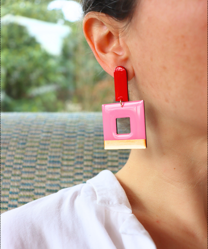 MIKA statement geometric earrings in red, pink and gold / innovative recycled Irish design