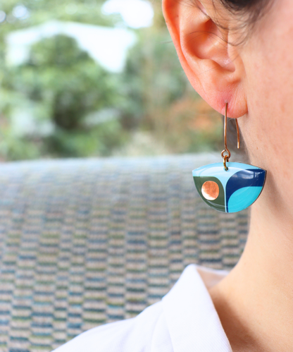 BEA colourful retro inspired recycled vinyl earrings in deep navy blue, olive green and light teal with a warm pop of copper