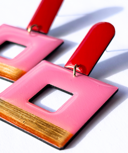 MIKA statement geometric earrings in red, pink and gold / innovative recycled Irish design