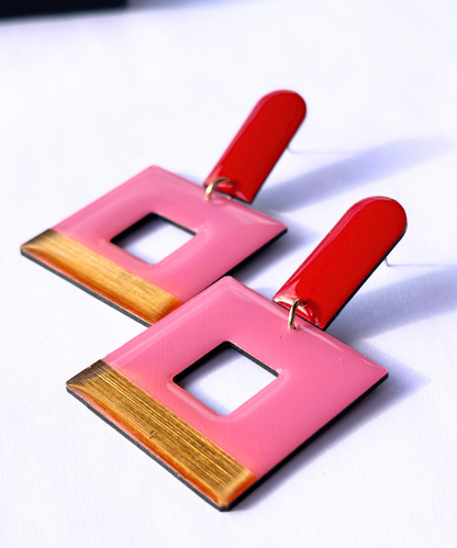 MIKA statement geometric earrings in red, pink and gold / innovative recycled Irish design