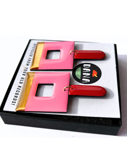 MIKA statement geometric earrings in red, pink and gold / innovative recycled Irish design