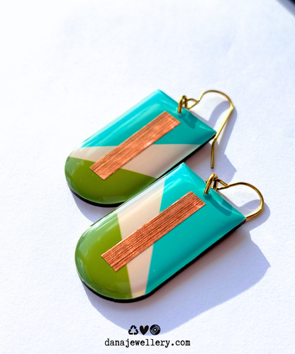 NINA elegant yet fun earrings in green and turquoise / mid-century modern vibe / unique recycled Irish design