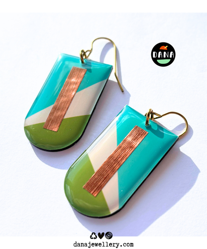 NINA elegant yet fun earrings in green and turquoise / mid-century modern vibe / unique recycled Irish design