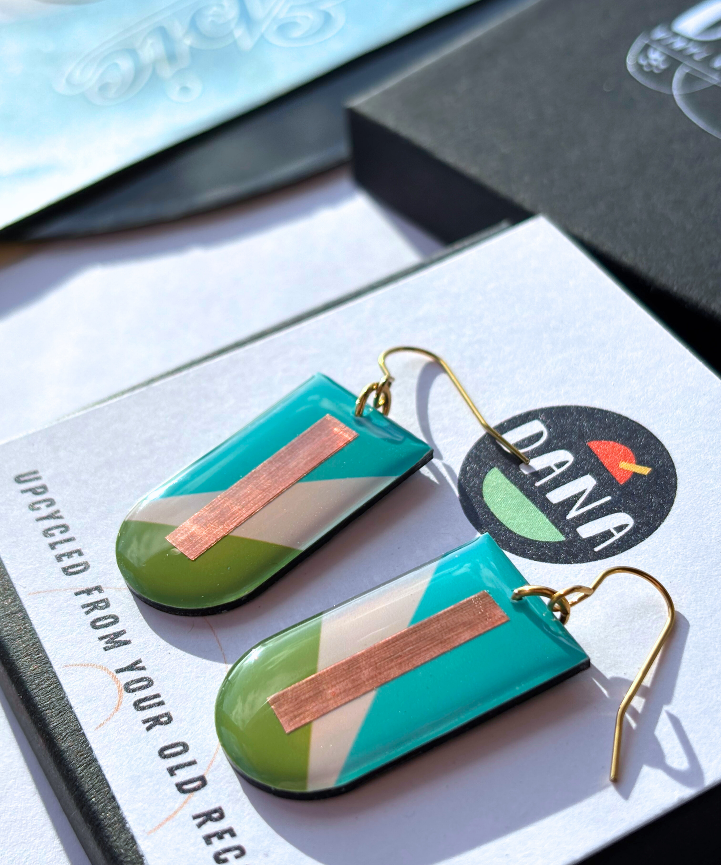 NINA elegant yet fun earrings in green and turquoise / mid-century modern vibe / unique recycled Irish design