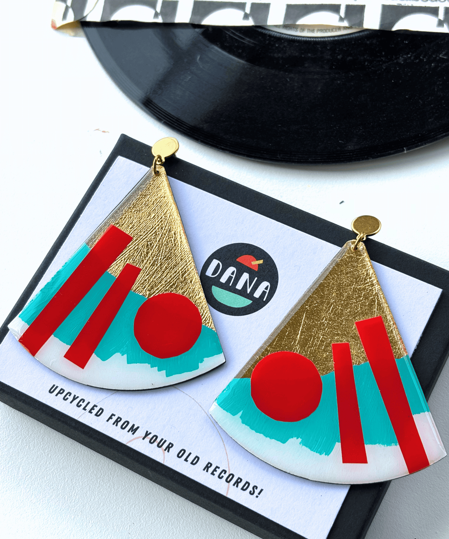 X-large abstract graphic statement earrings  in turquoise and red with delicious gold detail