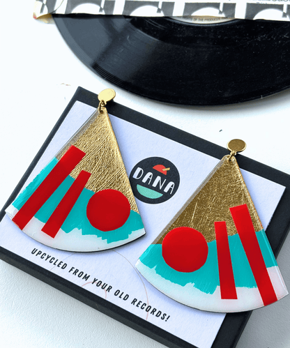 X-large abstract graphic statement earrings  in turquoise and red with delicious gold detail