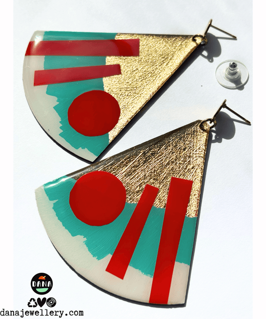 X-large abstract graphic statement earrings  in turquoise and red with delicious gold detail