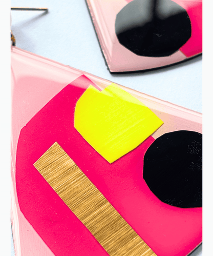 X-large contemporary statement earrings in fuchsia, neon yellow and black, with lush gold detail