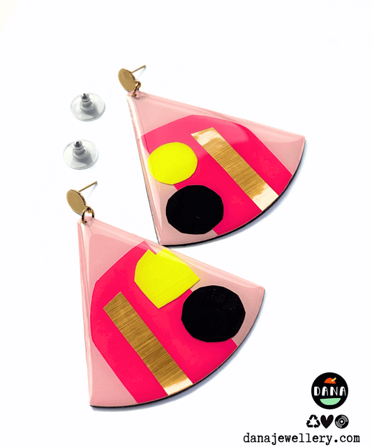 X-large contemporary statement earrings in fuchsia, neon yellow and black, with lush gold detail