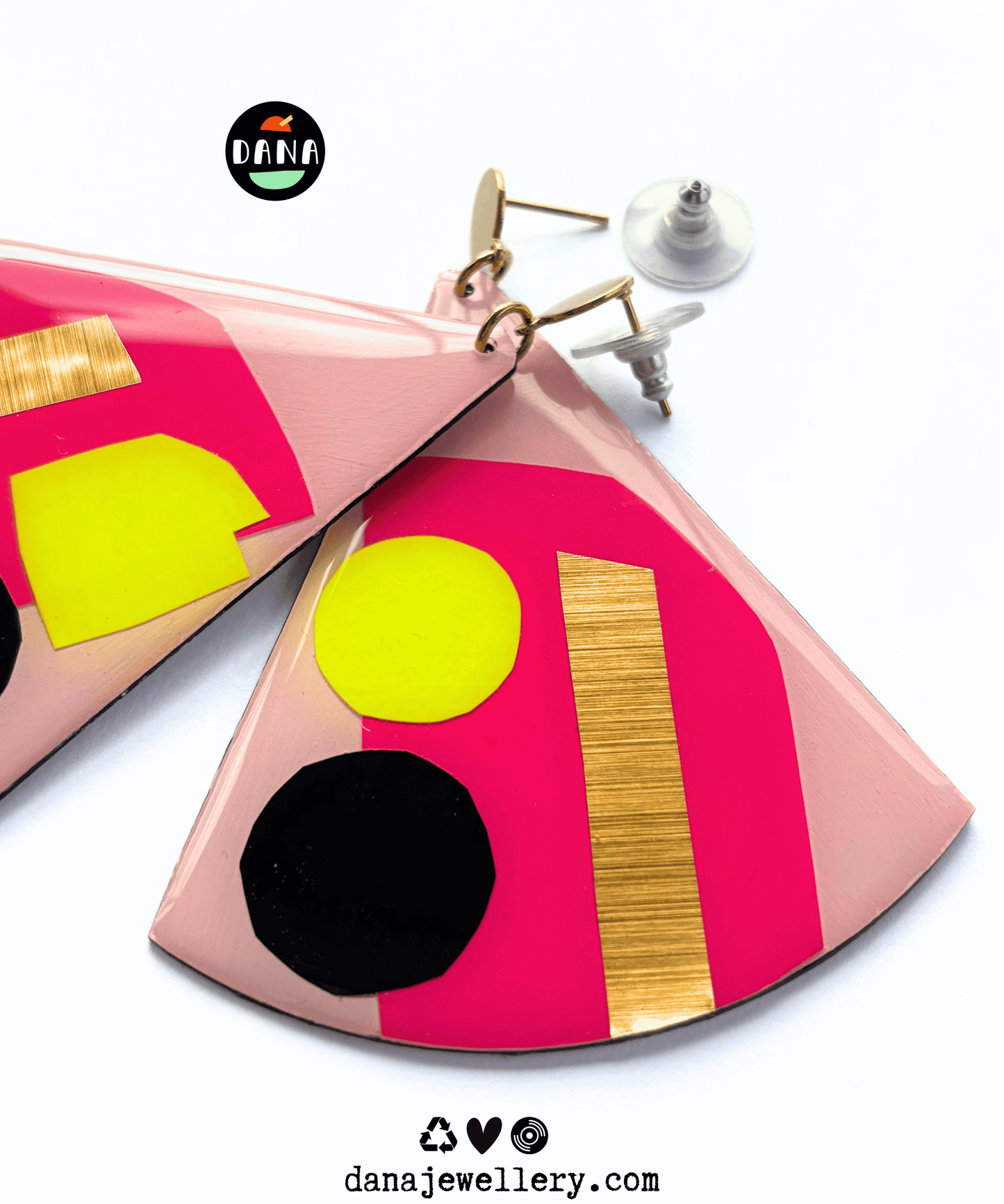 X-large contemporary statement earrings in fuchsia, neon yellow and black, with lush gold detail