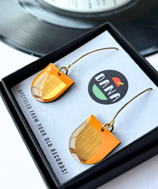 DEE minimalist earrings in yellow and gold handmade in Ireland from recycled vinyl record