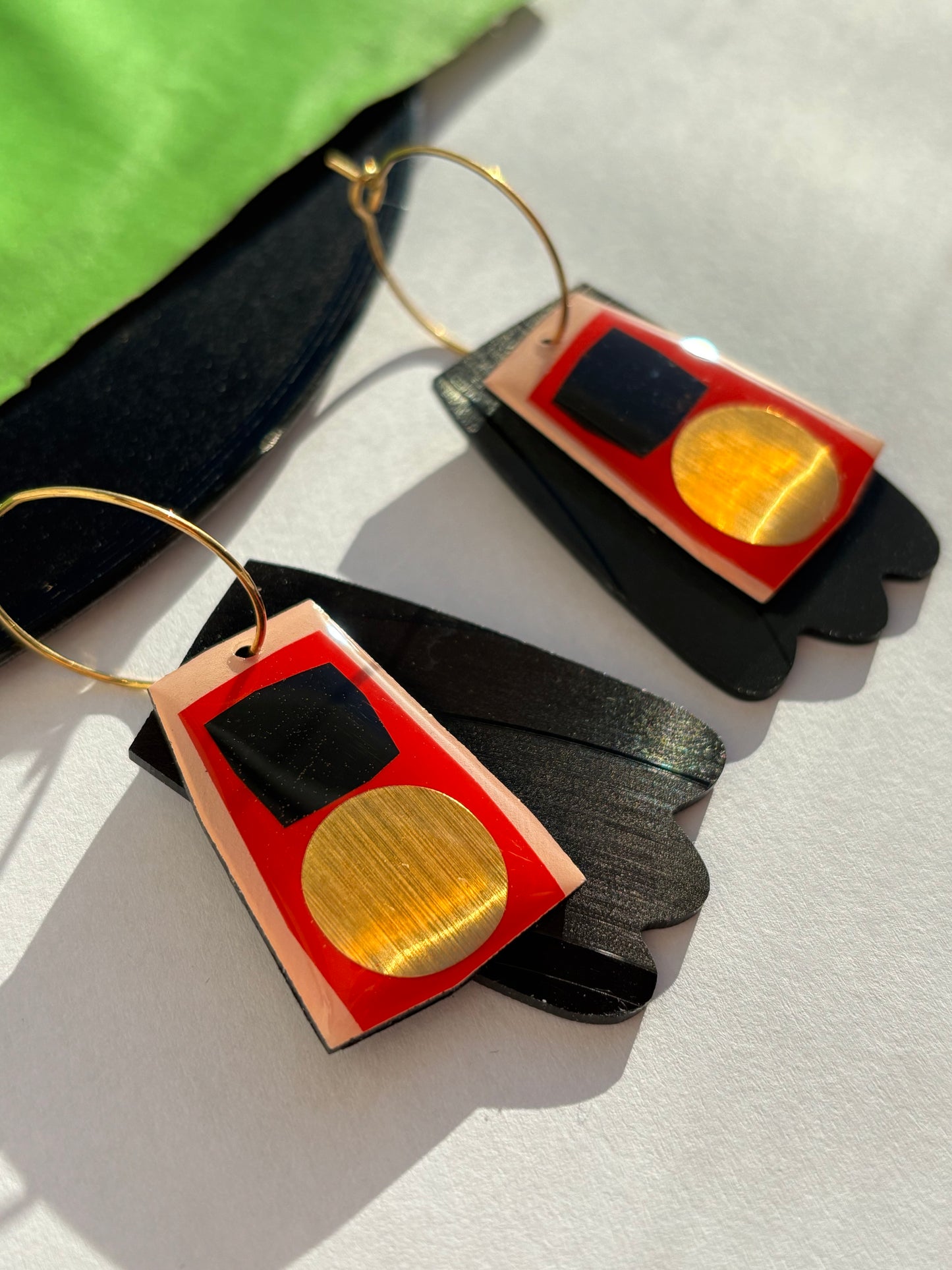 40% off / Upcycled contemporary earrings in red, black and gold/ recycled vinyl jewellery