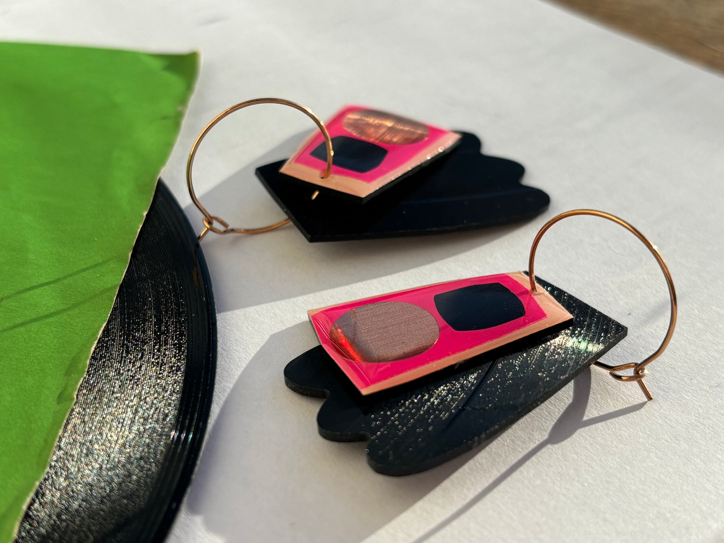 40% OFF Upcycled vinyl record earrings in hot pink, black and copper / unique Irish design