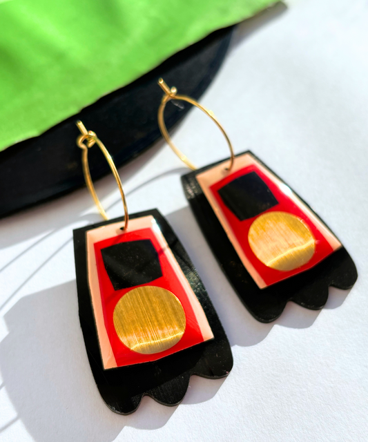 40% off / Upcycled contemporary earrings in red, black and gold/ recycled vinyl jewellery