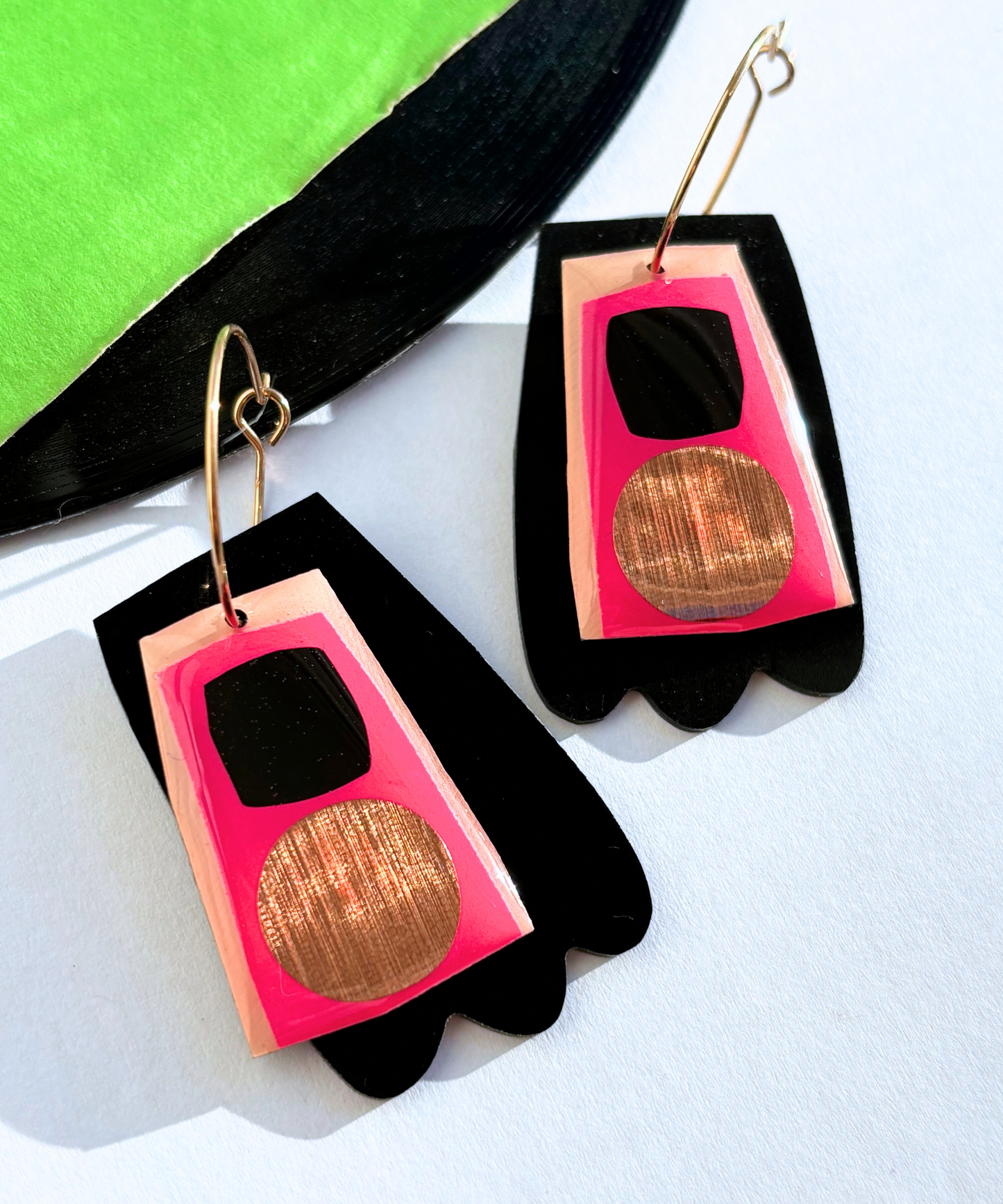 40% OFF Upcycled vinyl record earrings in hot pink, black and copper / unique Irish design