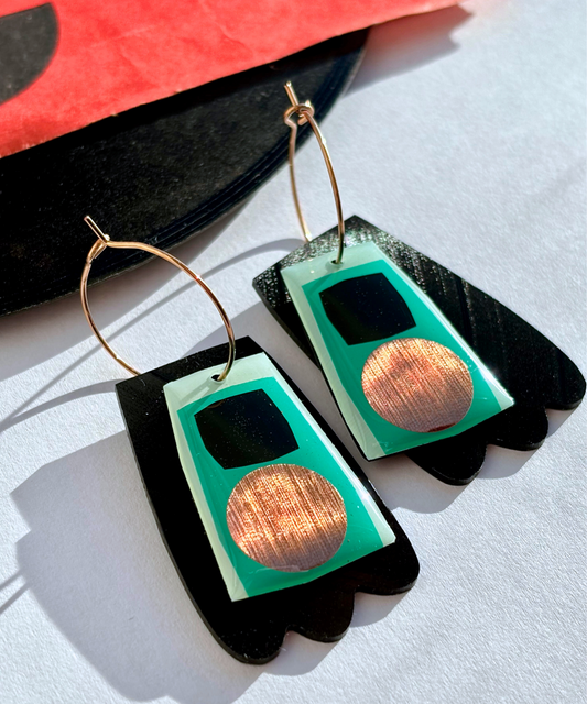 40% OFF Upcycled vinyl record earrings in tealy turquoise black and copper / unique Irish design