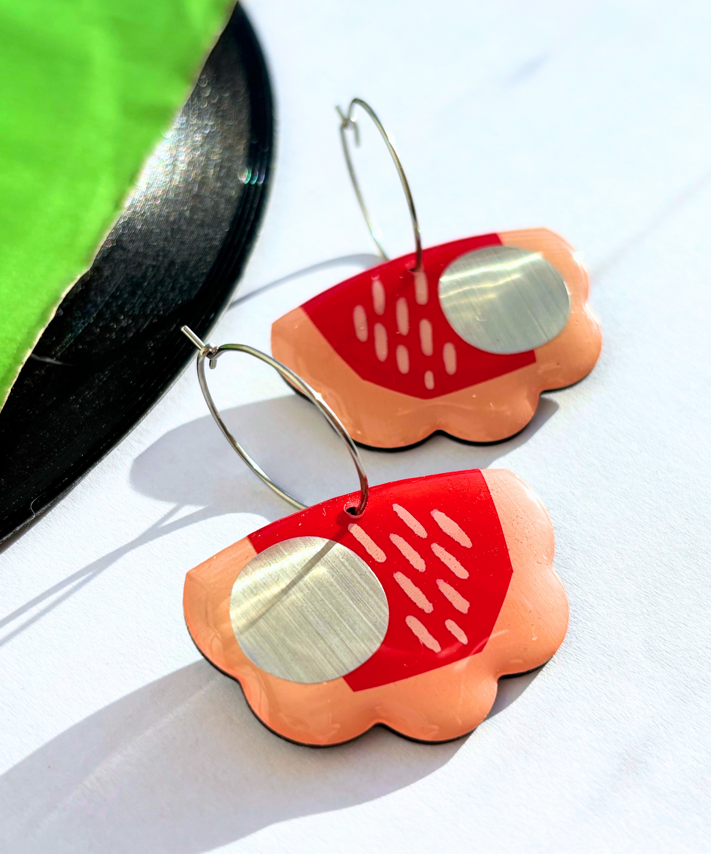 40% OFF / quirky upcycled vinyl record art earrings in red, silver and pink