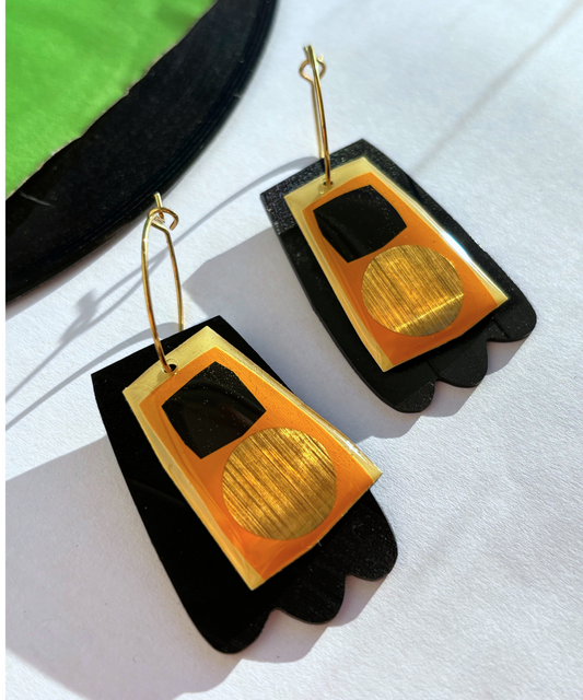 40% OFF Upcycled vinyl record earrings in hot yello, black and gold / unique Irish design