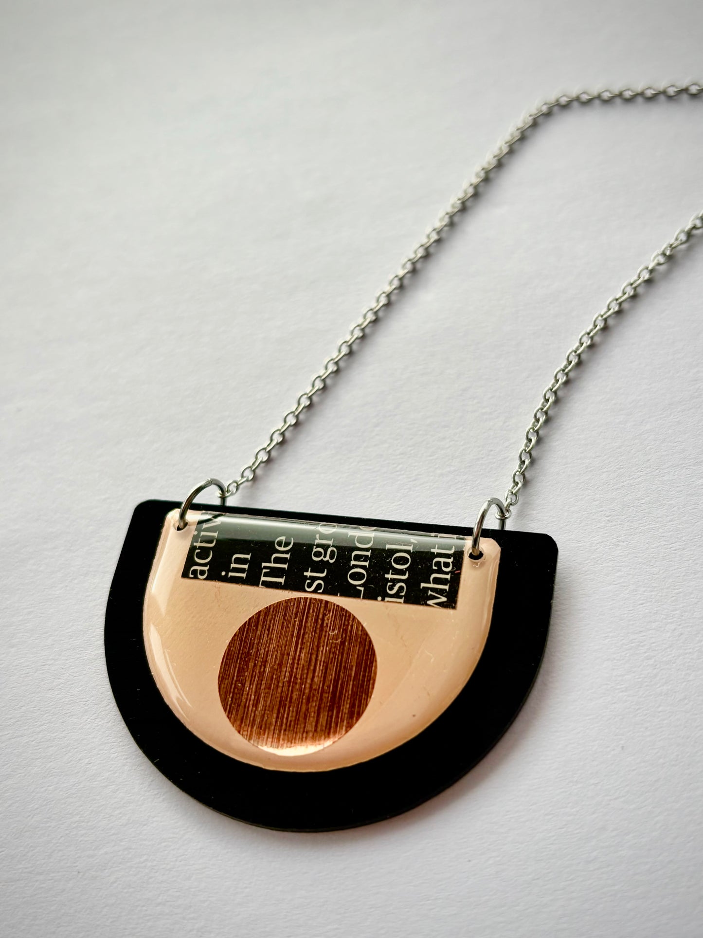 40% OFF /modern vinyl record necklace in light pink, copper and recycled magazine paper