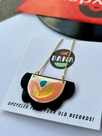 50% OFF / modern vinyl record necklace in light pink, gold, green and black / Irish made jewellery