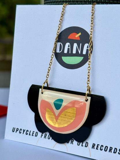 50% OFF / modern vinyl record necklace in light pink, gold, green and black / Irish made jewellery