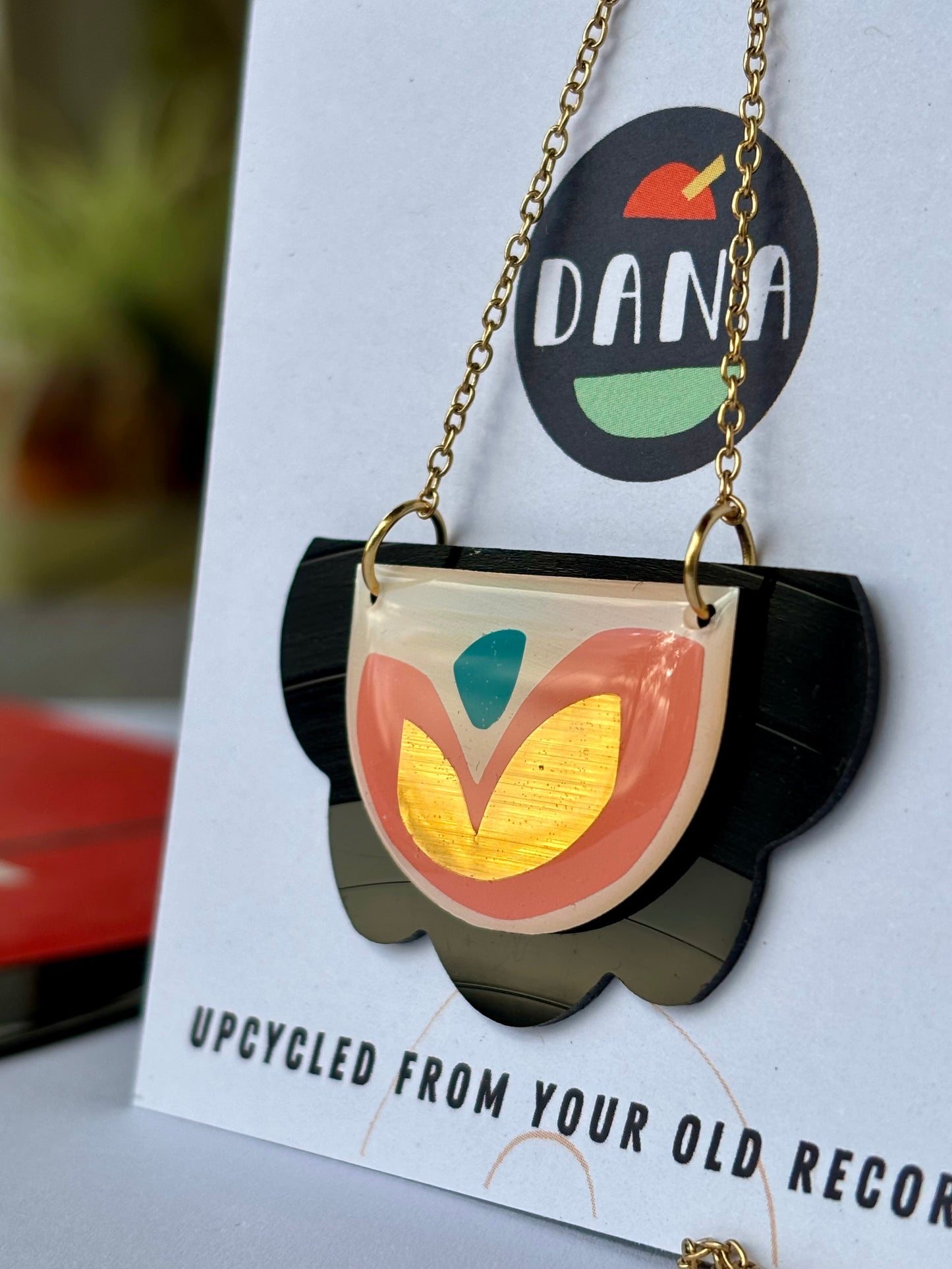 50% OFF / modern vinyl record necklace in light pink, gold, green and black / Irish made jewellery