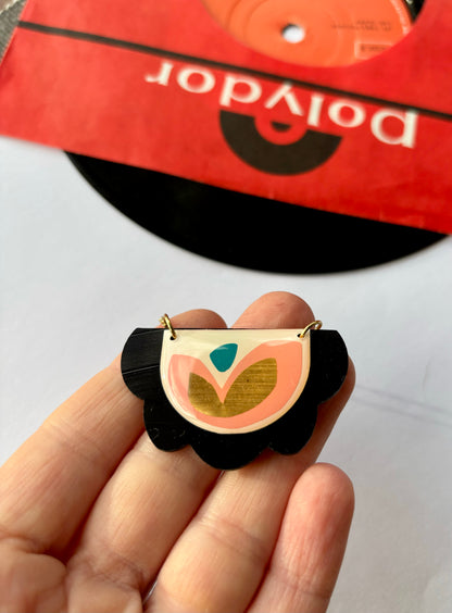 50% OFF / modern vinyl record necklace in light pink, gold, green and black / Irish made jewellery