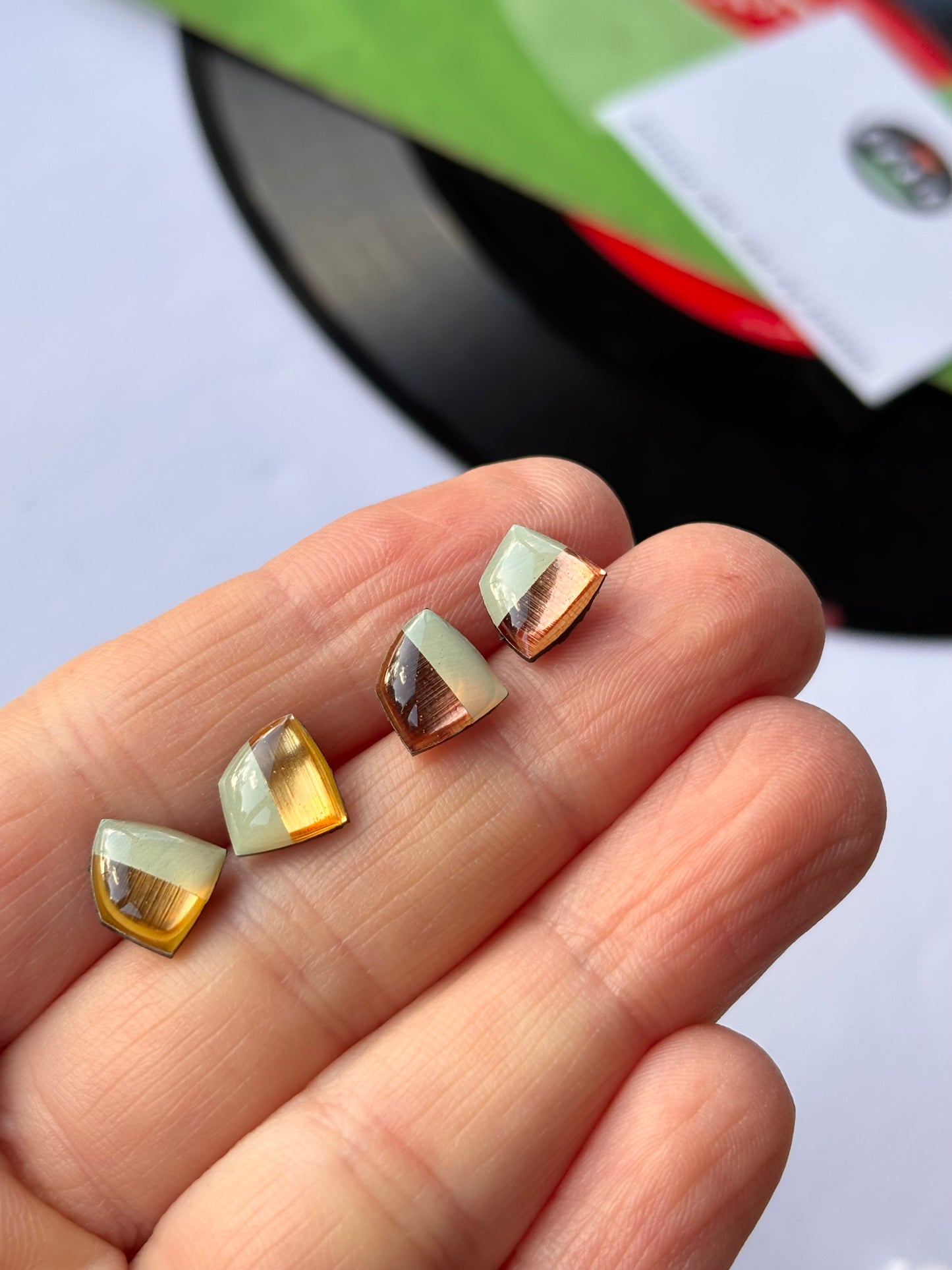 20% OFF Geometric studs in light mint green / gold or copper