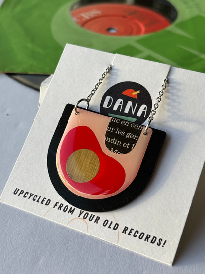 40% READ description unique recycled vinyl record art necklace in red, gold and black