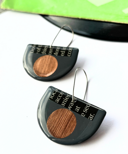 40% OFF /read description/ repurposed vinyl earrings in deep blue grey and copper with a hint of magazine paper