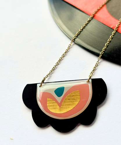 50% OFF / modern vinyl record necklace in light pink, gold, green and black / Irish made jewellery