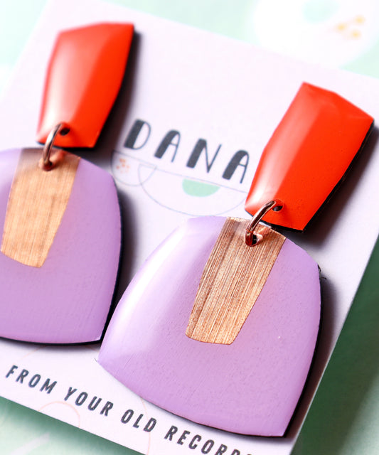 BETTY no.1 in lavender, orange & copper / recycled vinyl record earrings