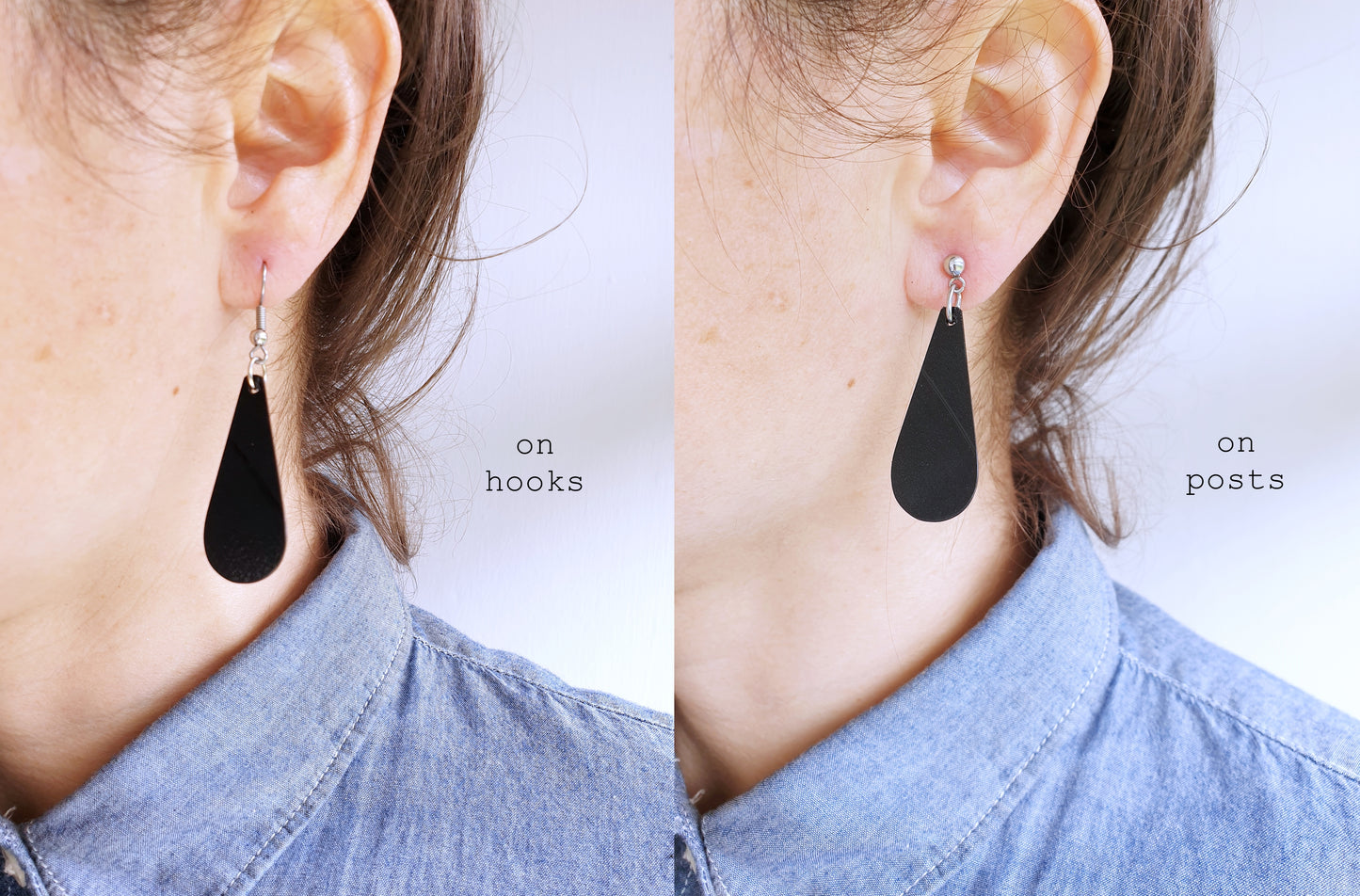 minimal long teardrop black vinyl record earrings / ethical fashion