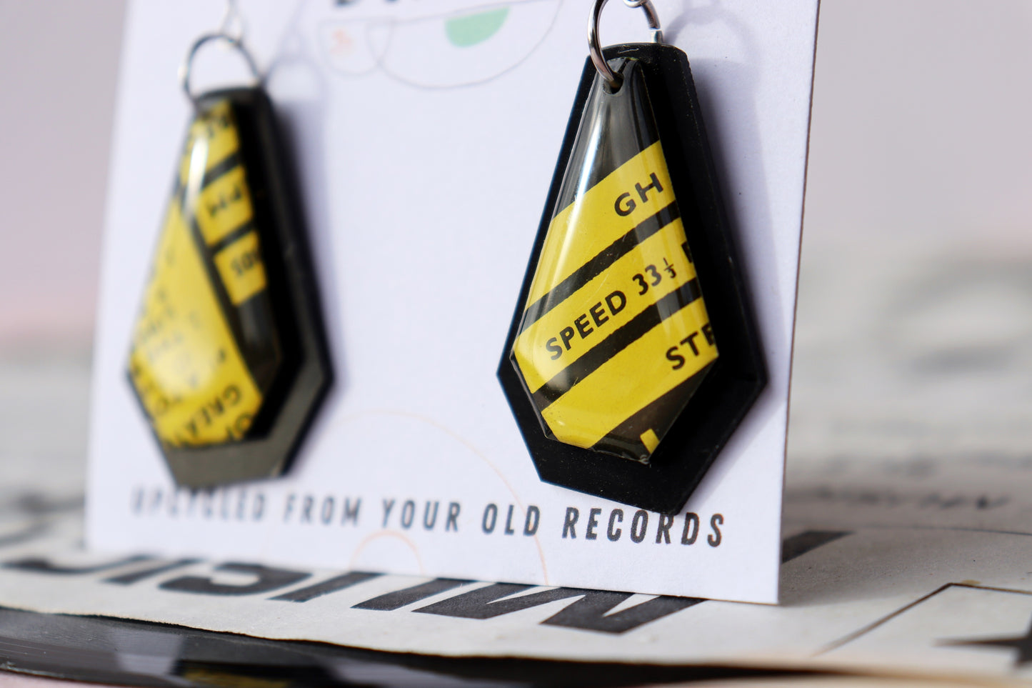 Geometric vibrant yellow and black upcycled record earrings / irish design