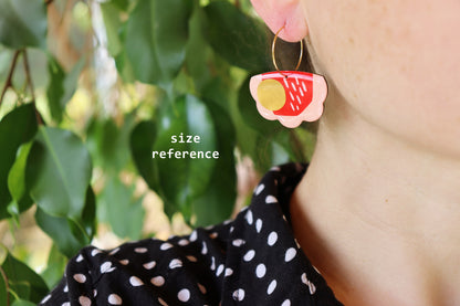 40% OFF / quirky upcycled vinyl record art earrings in red, silver and pink