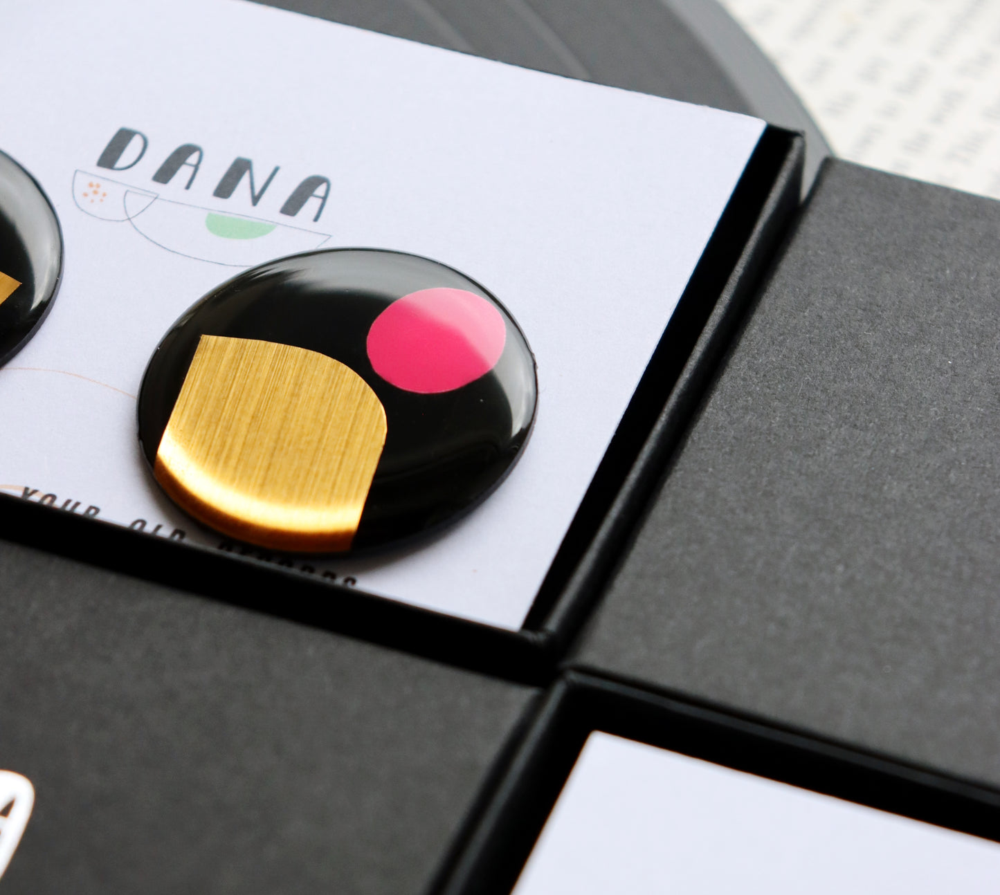 Large statement stud earrings in gold & fuchsia / upcycled vinyl record jewellery