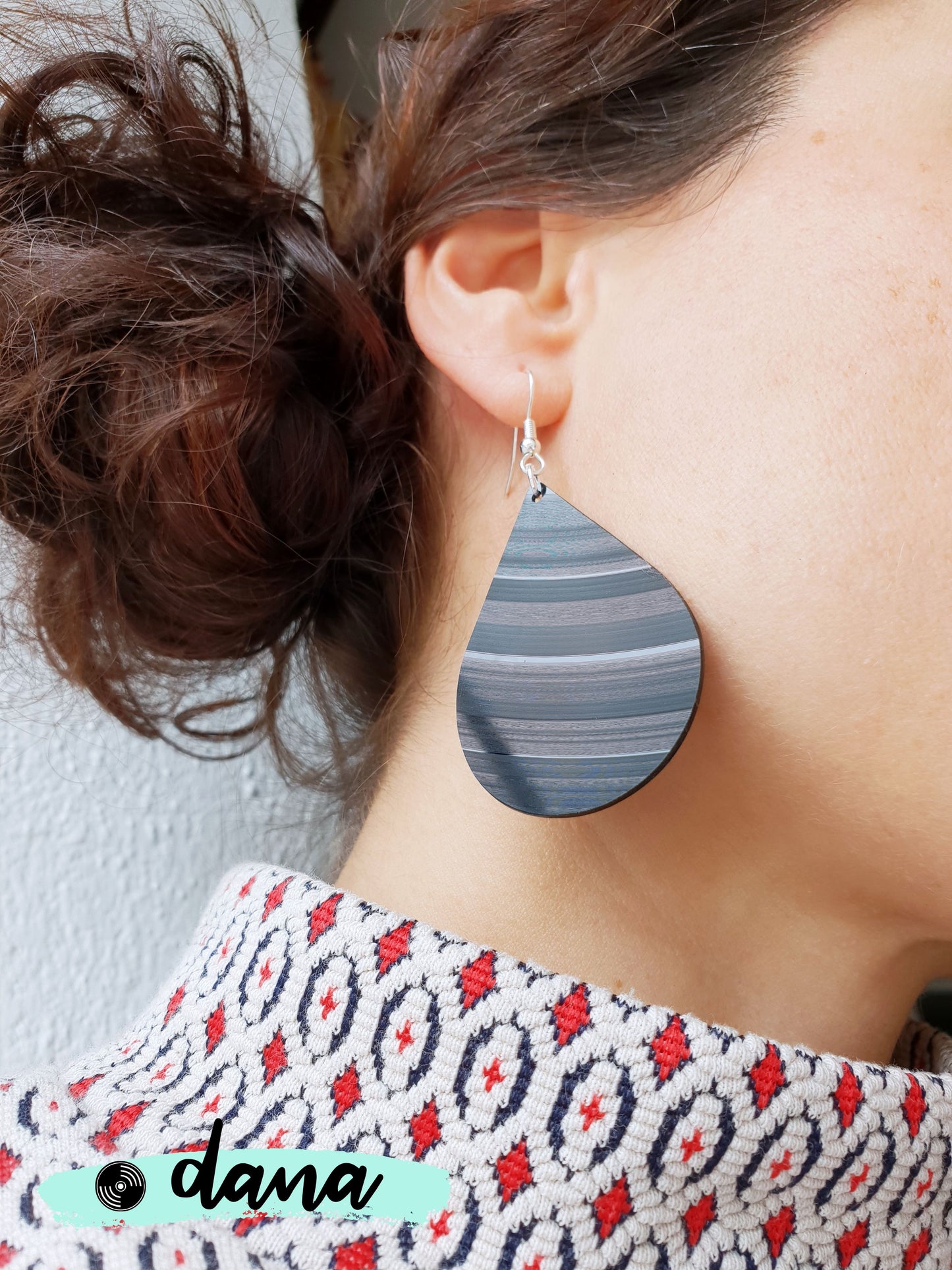 Big bold black teardrop vinyl record earrings by Dana Jewellery