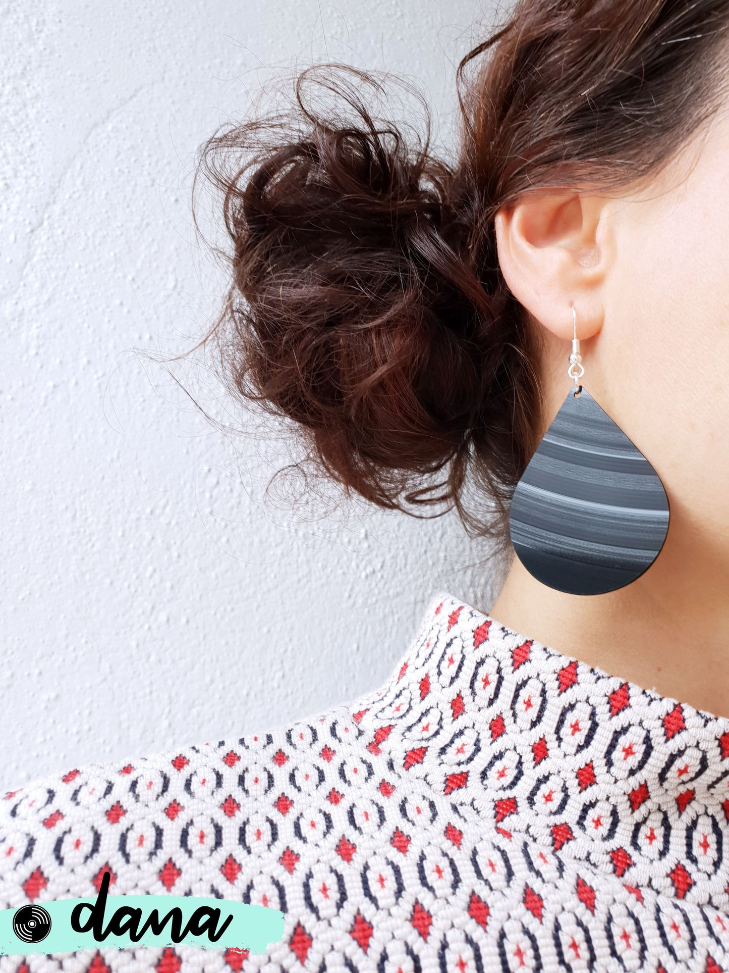 Big bold black teardrop vinyl record earrings by Dana Jewellery