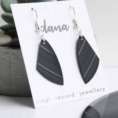 Black minimalist vinyl record dangle earrings by Dana Jewellery
