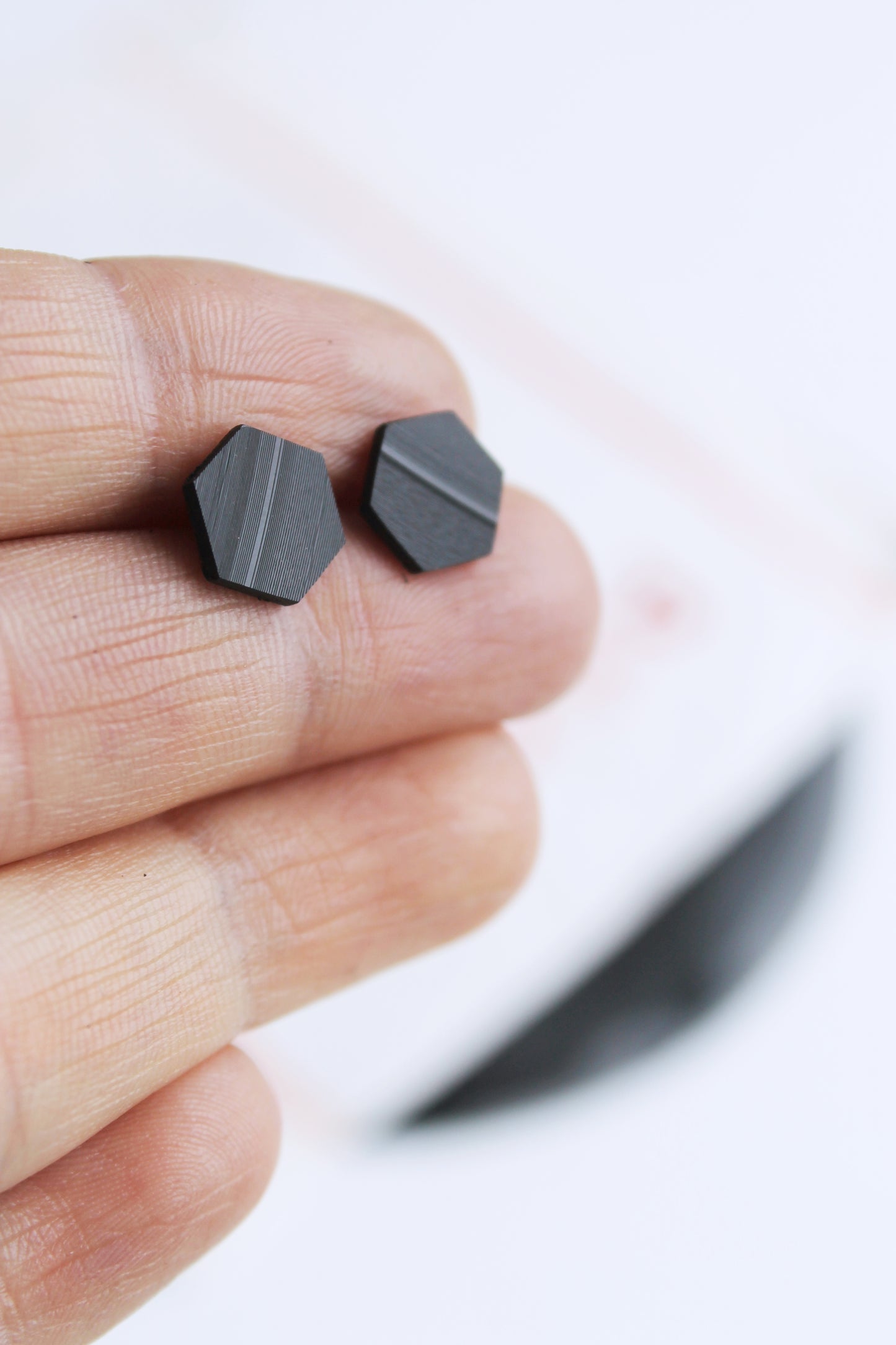 simple flat black hexagon studs / upcycled vinyl record jewelry