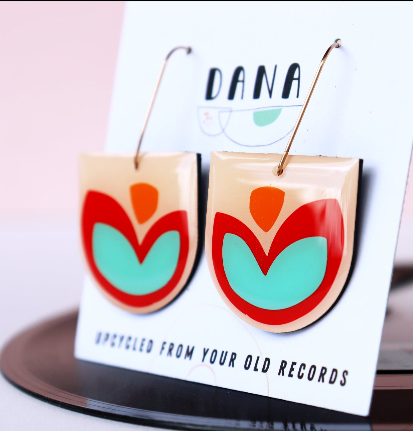 FLOR in red, turquoise and orange / upcycled vinyl record earrings