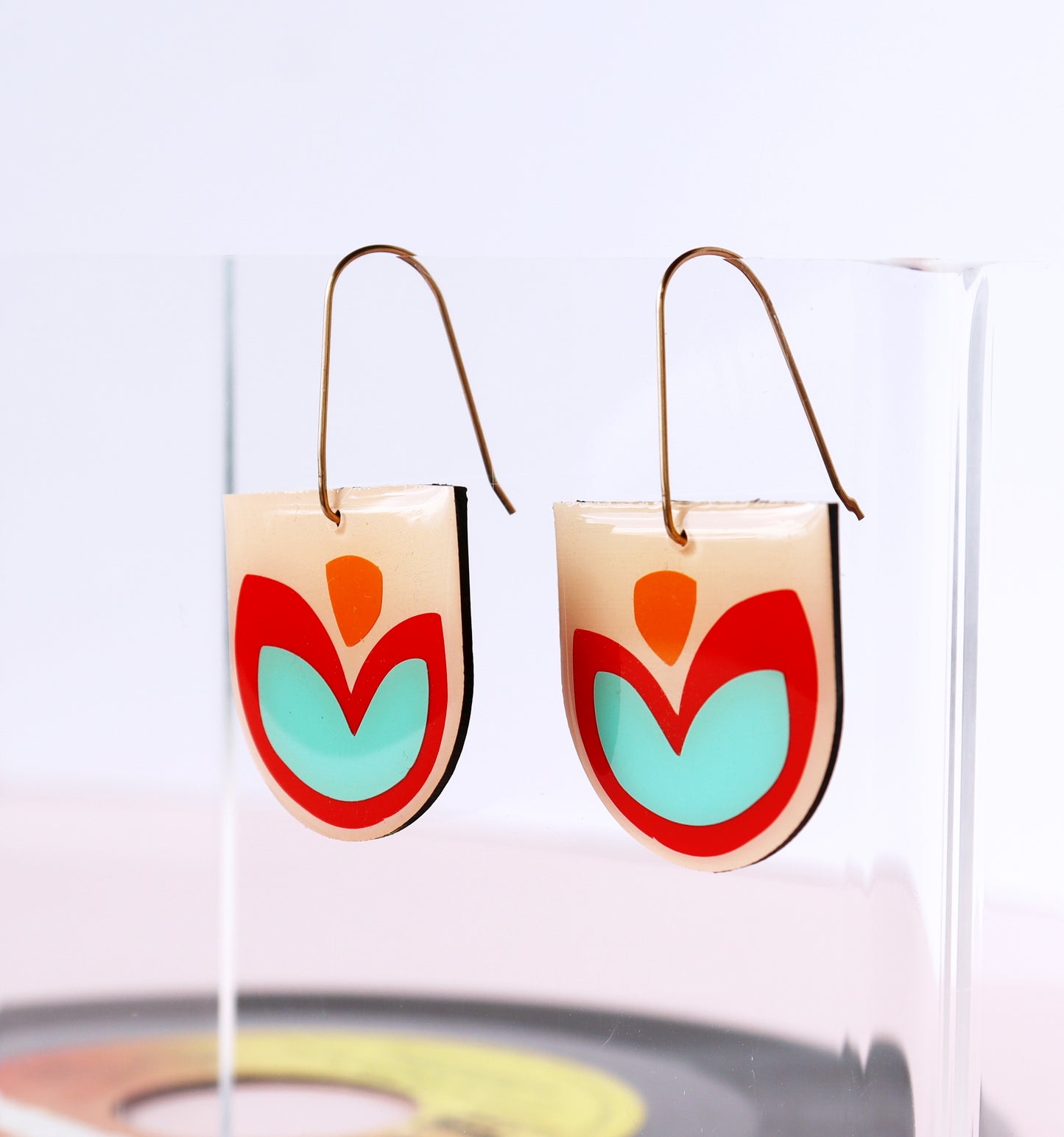 FLOR in red, turquoise and orange / upcycled vinyl record earrings