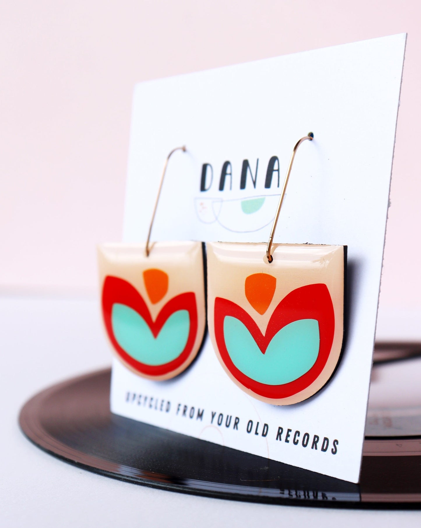 FLOR in red, turquoise and orange / upcycled vinyl record earrings