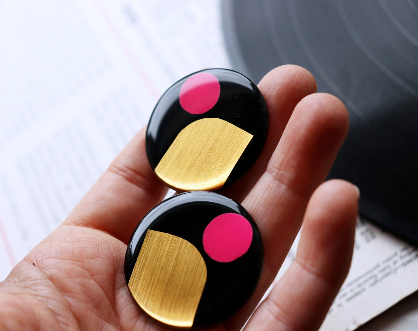 Large statement stud earrings in gold & fuchsia / upcycled vinyl record jewellery