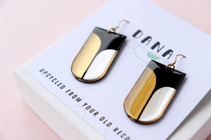 30% OFF NICO / one pair left in gold / contemporary upcycled vinyl earrings