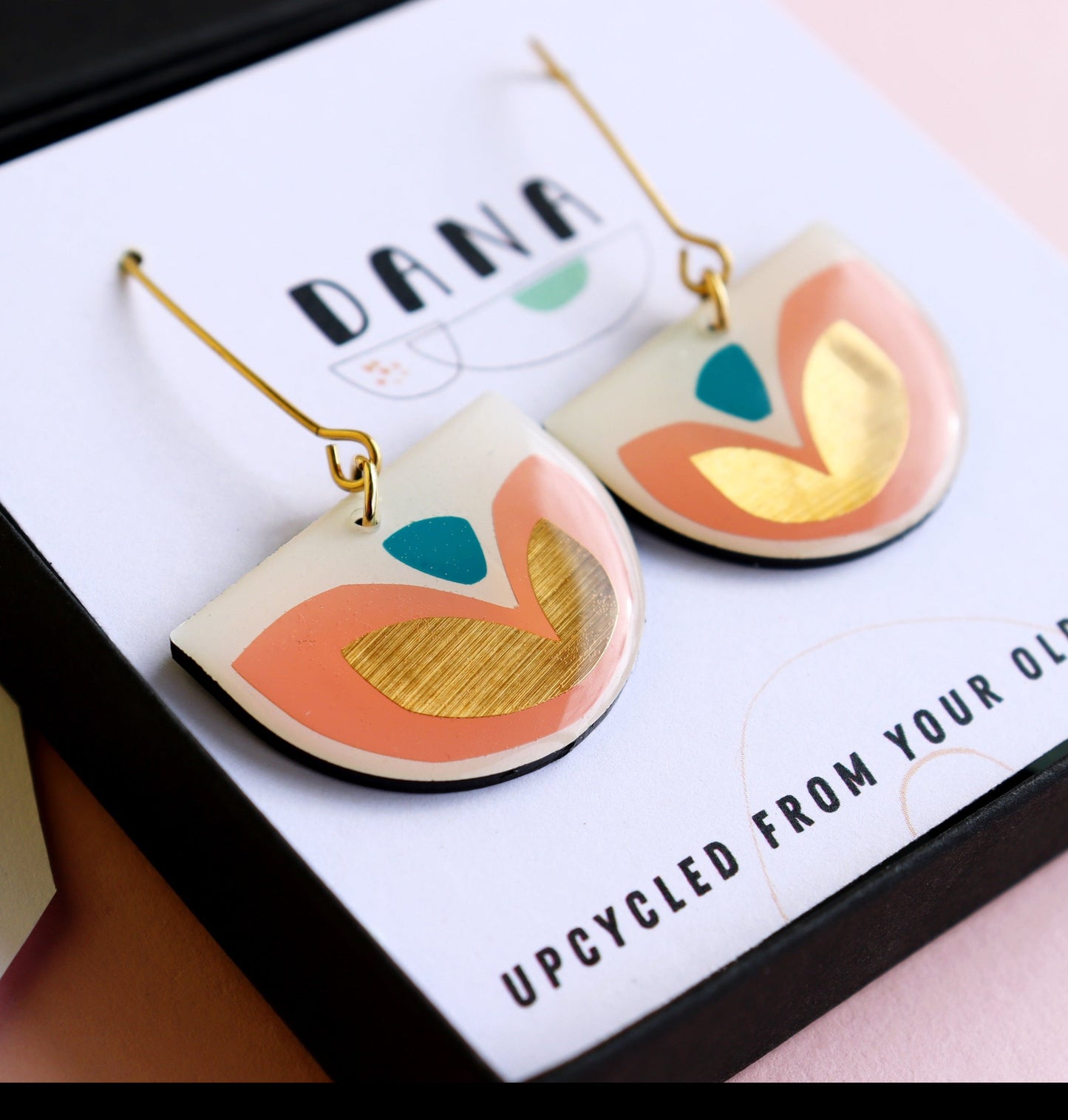 FLOR earrings in warm pink & gold with a pop of teal / upcycled from your old records