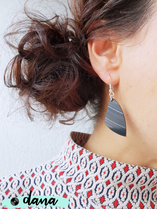 Black minimalist vinyl record dangle earrings by Dana Jewellery